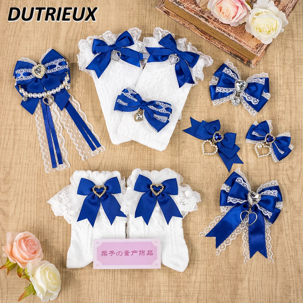 Japanese Style Sweet and Cute Girl Versatile Lace Hairpin Hair Clips Accessories Kawaii Royal Blue Bow Headgear Socks