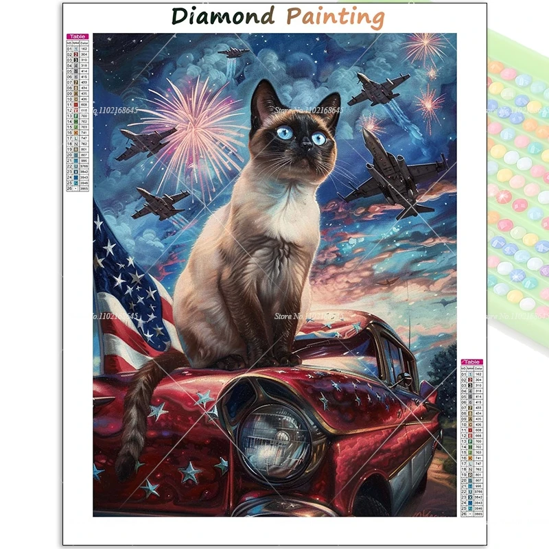 Siamese Cat 5d Crystal Diamond Painting Fighter Jets Soaring Overhead Full Mosaic Embroidery Needlework Handmade Art Gift