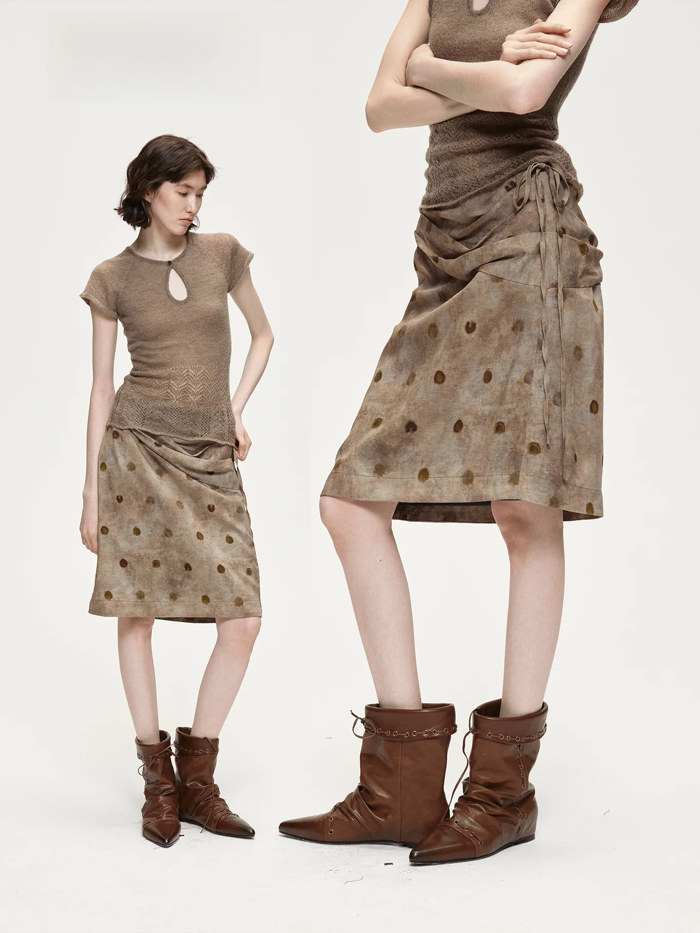 

Оригинальный дизайн Acosey: юбка с римскими плиссированными оборками в горошек, прямые леггинсы, шелк Lenzing с индивидуальной окраской.