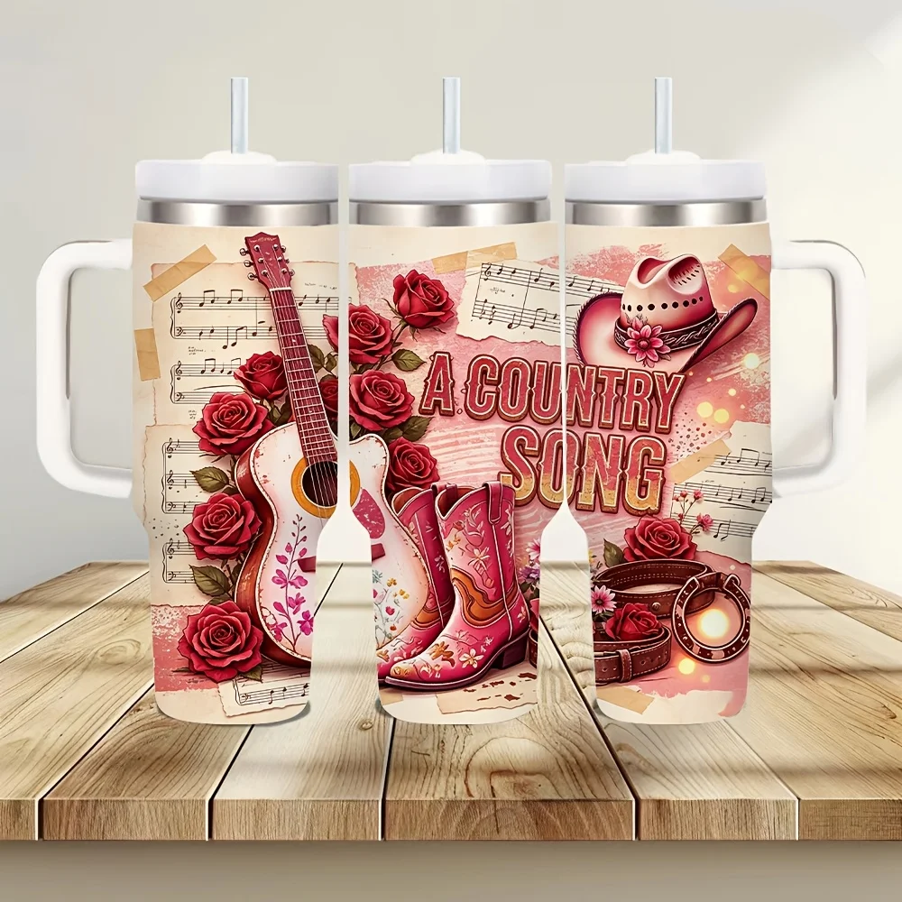 40oz Insulated Tumbler with Handle, Printed with Country Song Themed Guitar Rose Cowboy Hat Boots, Keeps Drinks Cold And Hot, Suitable for Country Music Lovers for Daily Use And Outdoor Travel