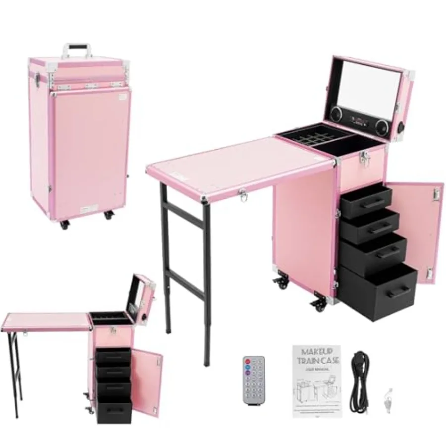 

Rolling Makeup Train Case for Professional Cosmetology Use, Durable ABS Plastic, Black, 360 Swivel Wheels Lockable Lid