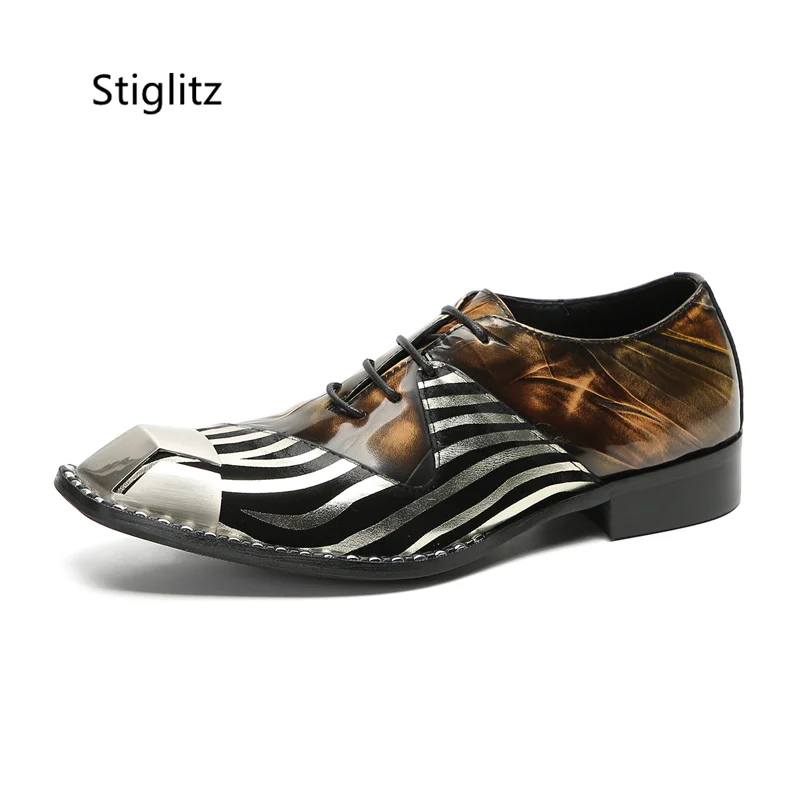 Metal Toe Brown Stripe Patchwork Men's Leather Shoes Business Work Office Lace-Up Dress Shoes for Men Elegent Man Social Shoe