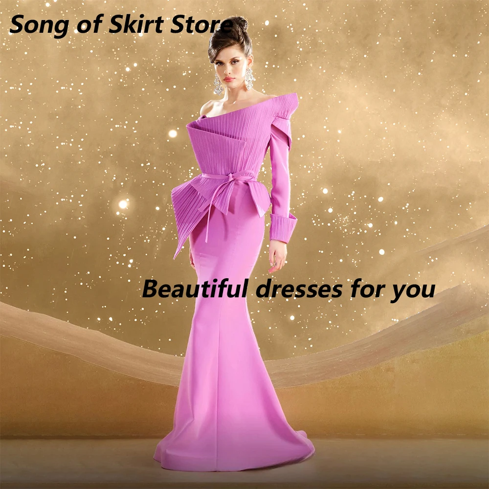 

Elegant Prom Dresses for Women Long Sleeves Pleated Mermaid Evening Gowns Boat Neck Floor Length Formal Party Dress Customized