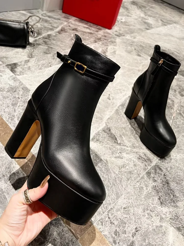 Block Heel Platform Women Booties Zipper Ankle Strap Pointed Toe Fashion Women Dress Shoes Leather 2024 New Arrival Shoes