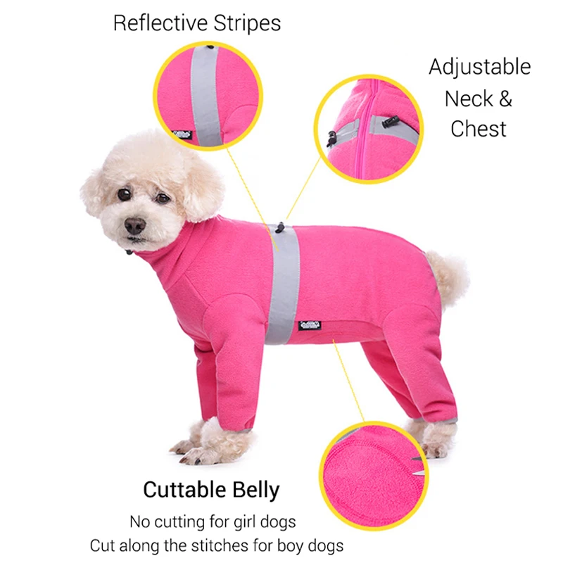 Fleece Dog Pajamas for Small Dogs Thicken Polar Fleece Windproof Winter Dog Coat Reflective Zip-Up Puppy Outfit Cuttable Belly