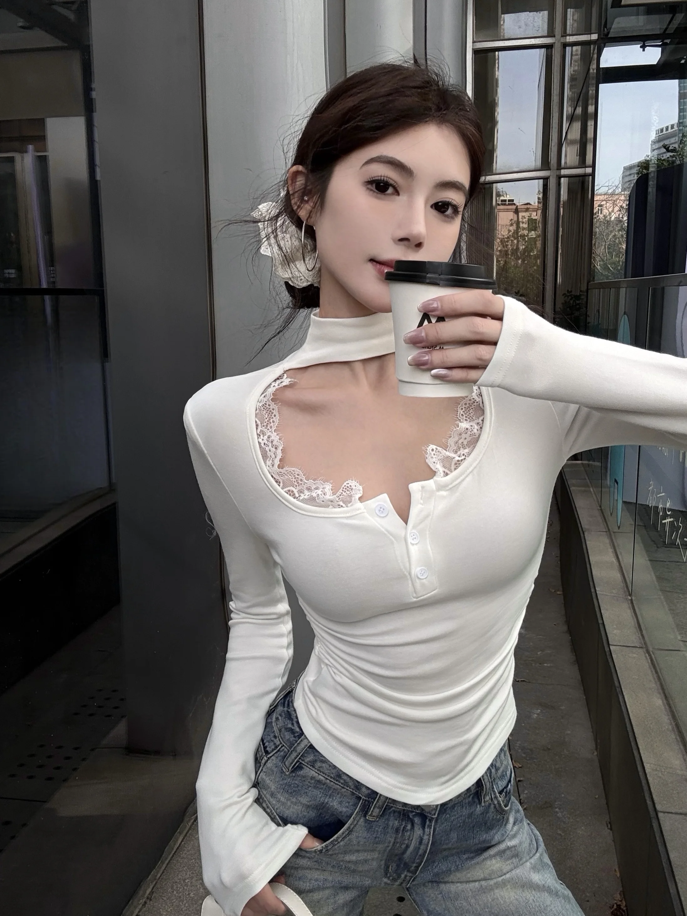 

Женская осенне-зимняя флисовая кофта Pure Desire с глубоким вырезом, кружевной отделкой и воротником-стойкой, на флисовой подкладке