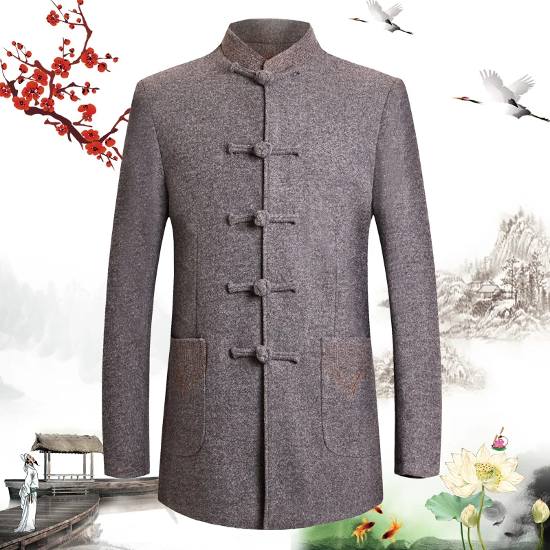 

Oriental Style Men Gray Navy Blue Woolen Blend Tangzhuang Coat Mandarin Collar And Button Design Tang Suit Outfits Winter Autumn