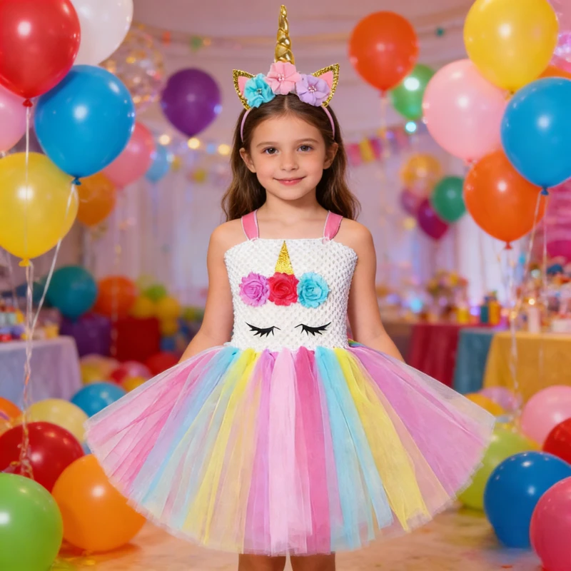 Macaron Unicorn Dresses for Kids Halloween New Years Clothes with Wings Flower Hairbow Baby Girls Birthday Ballet Tutus Costumes