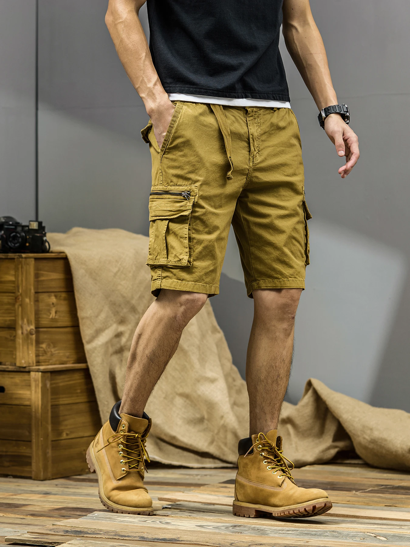 CAAYU Summer Mens Cargo Tactical Short Pants Multi-pocket Shorts Men Oversize Clothing Casual Fashion Jogger Outdoor Khaki Pants