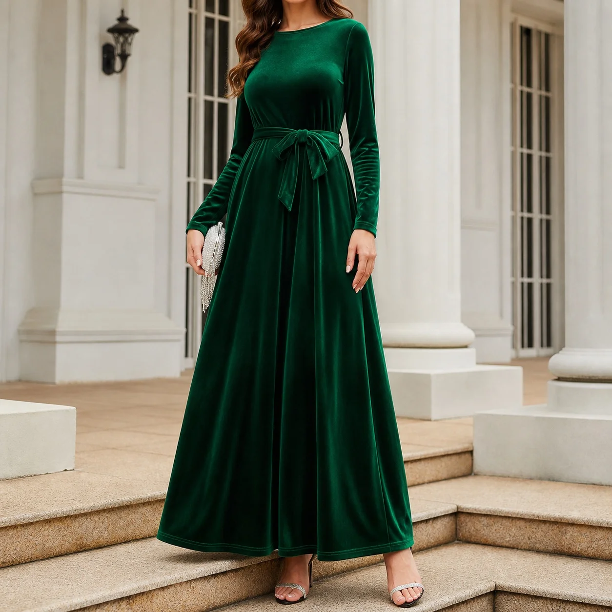 Belt High Waist Elegant Belt with Ladylike Midi Waist Seam Stitching Pullover Round Neck Maxi Length Autumn Long Dress for Women