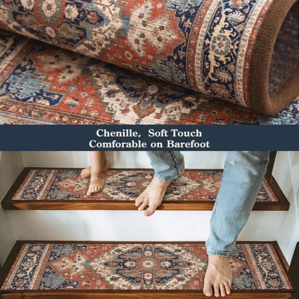 Home Deco Non-Slip Stair Treads Self-adhesive 8x30 Inch Carpet European Style TPR Backing Stair Runner for Most Steps