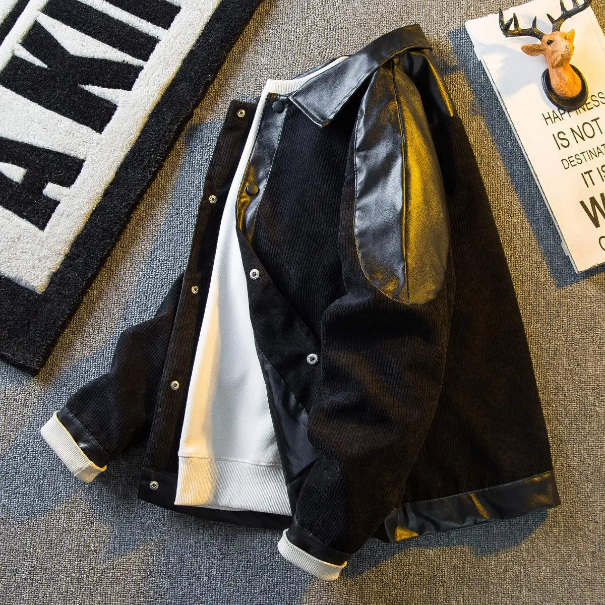 

Мужская кожаная куртка Bla Corduroy Patchwork, весна-осень, стильная, с крутым воротником, для мотоциклистов, свободный крой, длинный рукав