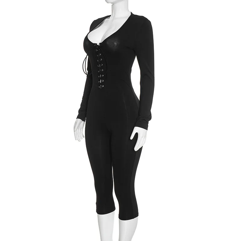 Schwarzer sexy, figurbetonter Jumpsuit mit tiefem V-Ausschnitt und Schnürung vorne, Damen-Jumpsuit mit langen Ärmeln, hochelastisch, figurbetont, Capri-Jumpsuit, Nachtclub-Party-Outfit – Detail 11