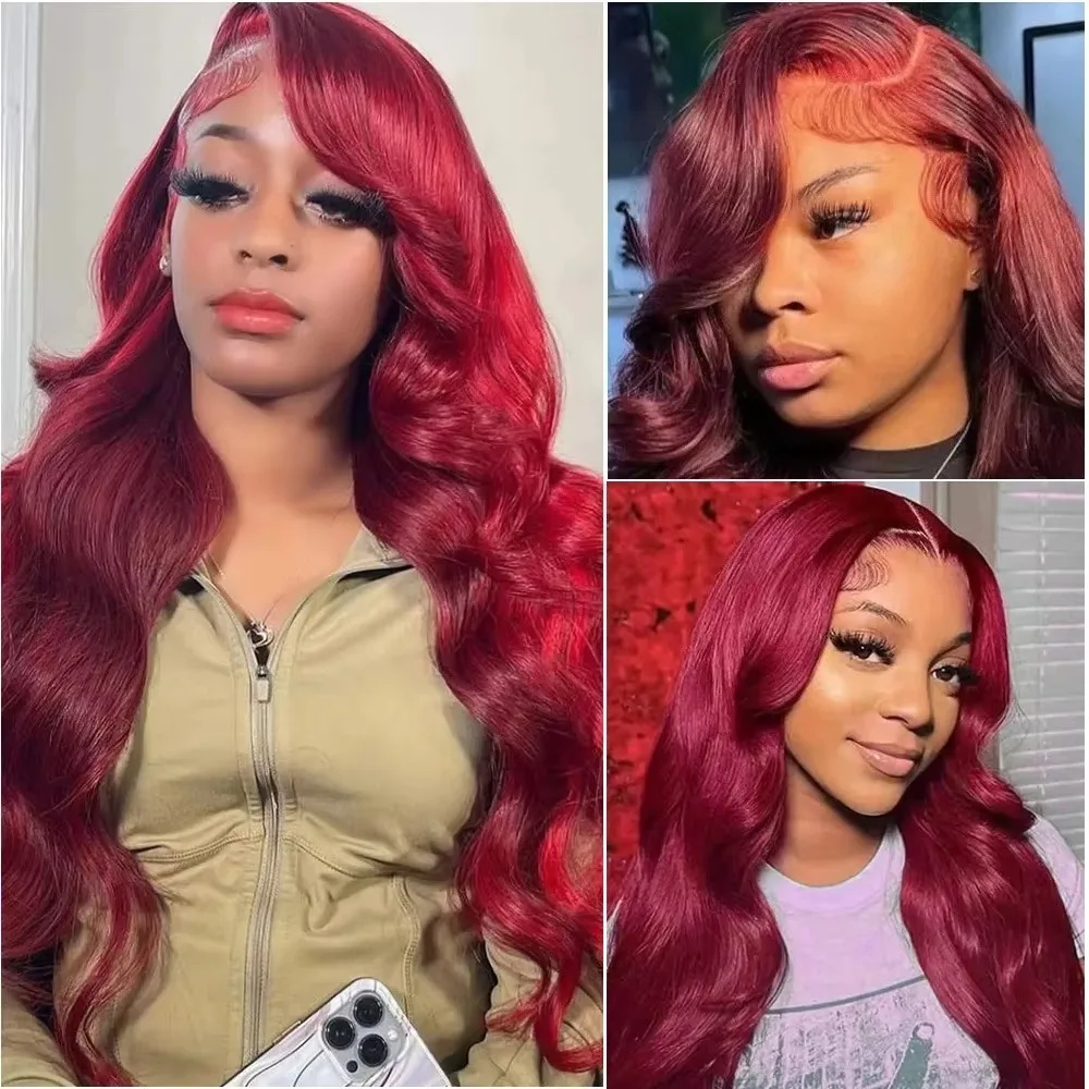 

200%Density Body Wave 99jBurgundy Lace Front Wigs Brazilian Human Hair 13x6HD Transparent Lace Frontal Wig Preplucked For Women
