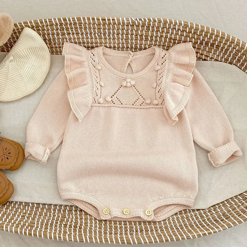 

2025 New Autumn 0-24M Korean Style Climbing Suit Long Sleeved Solid Color Bodysuits Infant Baby Girls Knitted Jumpsuit