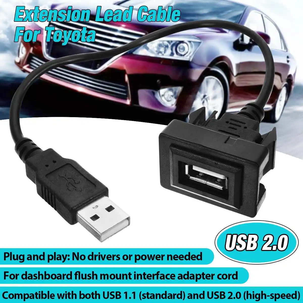 

Car USB 2.0 Extension Lead Cable Auto Dashboard Flush Mount Interface Adapter Cord-compatible for Toyota