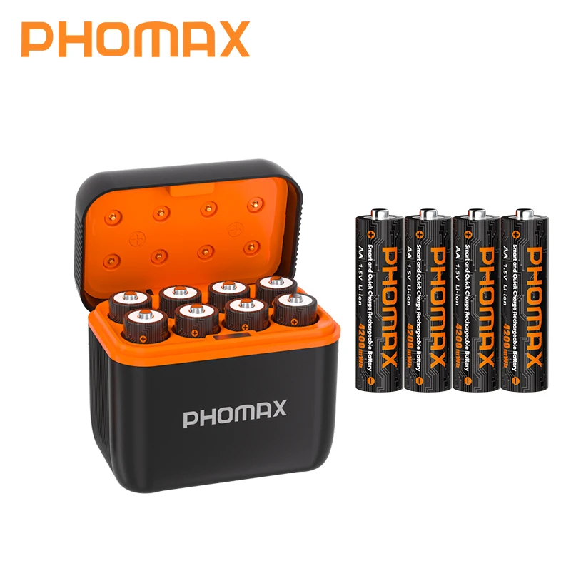

PHOMAX New Trend 8 Slot 1.5V AA Rechargeable Lithium Battery with Type-C Charger smart for 8Pcs 4200mWh Fast Charging Battery