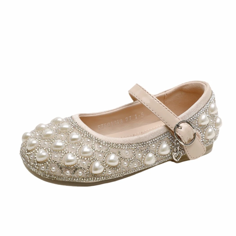 

Brand Full Pearls Flats Girls Shoes 2024 New Fashion Teenage Kids Sequined Dress Shoes Soft Silver Children Spring Dance Shoes