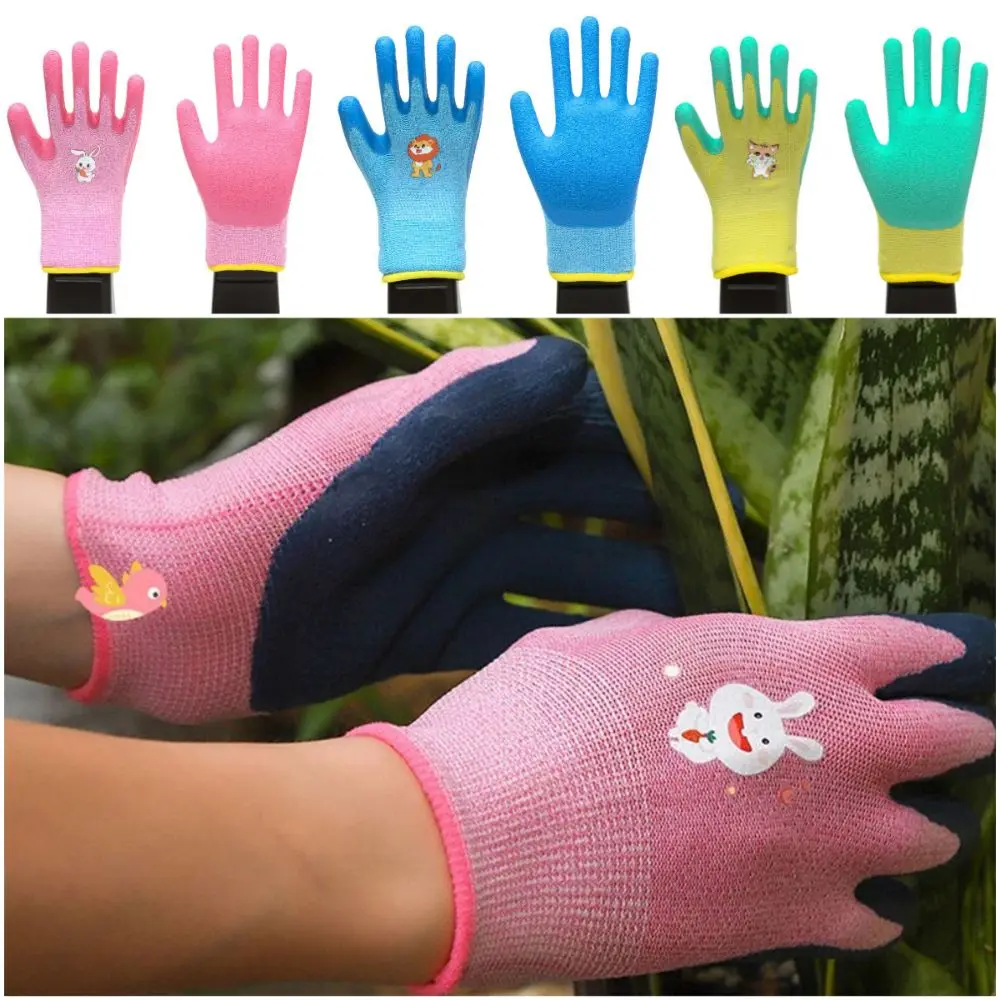 

Multi-purpose Kids Work Gloves Cartoon Animal Pink Blue Yellow Protective Mittens Camping Safety Latex Coated Gloves Weeding