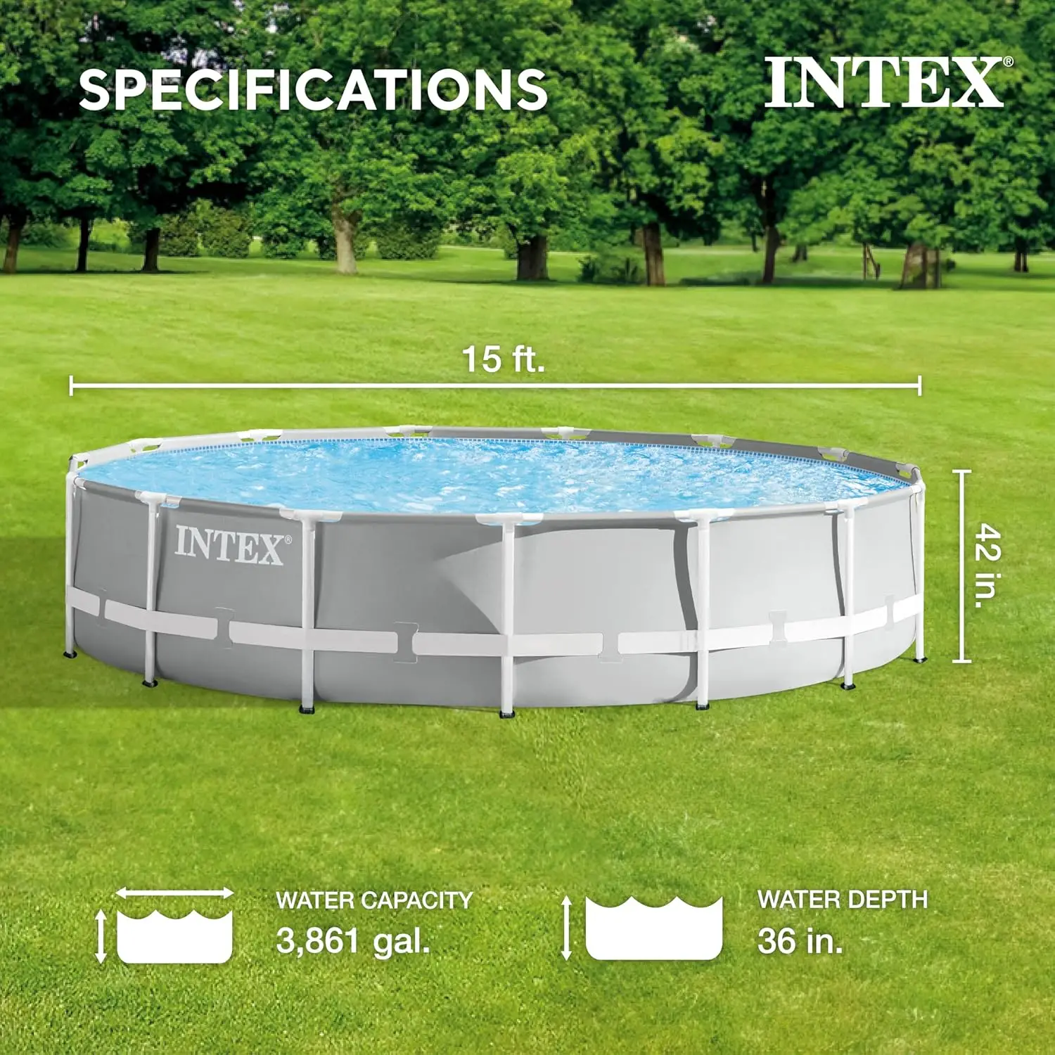 Intex 26723EH Prism Frame Premium Above Ground Swimming Pool Set 15ft X 42in 1000 GPH Cartridge Filter Pump Removable Ladder