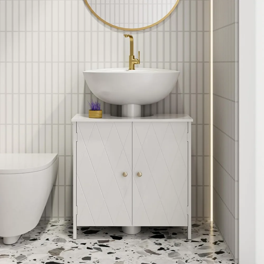 

Modern Pedestal Sink Cabinet: Linear Design with U-Shape Cut-Out Storage for Small Bathroom Vanity​