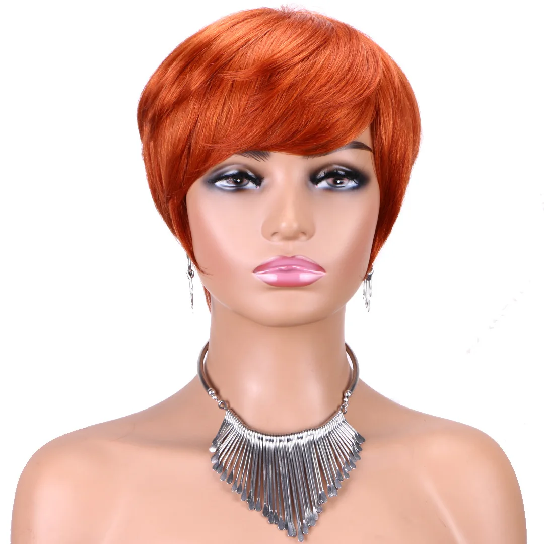 350# Short Pixie Cut Human Hair Wigs With Bangs For Women Machine Made Wig 100% Remy Human Hair Extension Wig Brazilian Hair