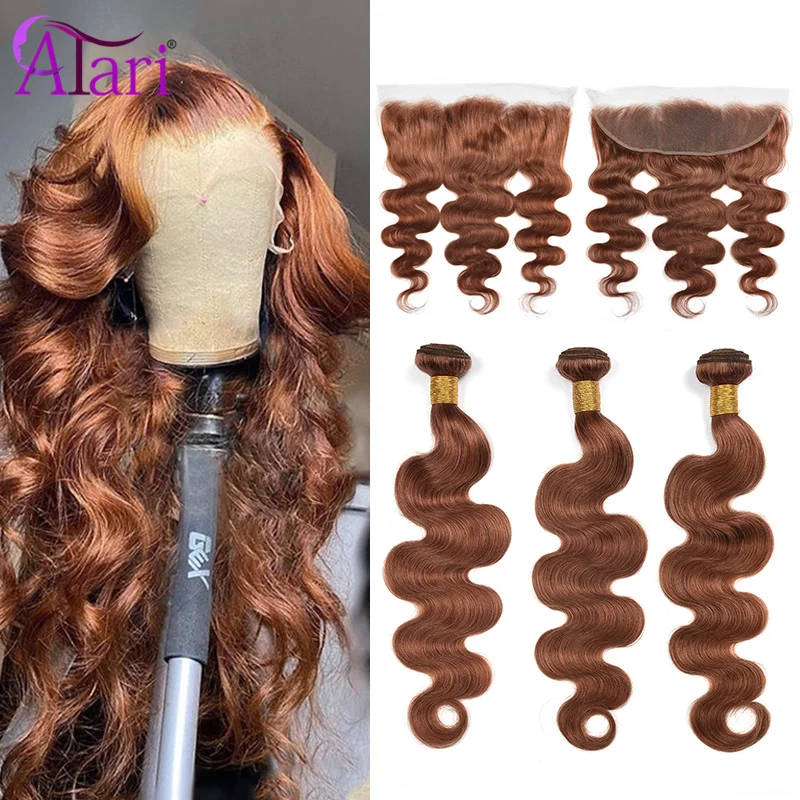 28 30 Inch Body Wave Bundles With Frontal Ginger Brown Transparent Lace Frontal with Bundles Brazilian Bundles With Frontal