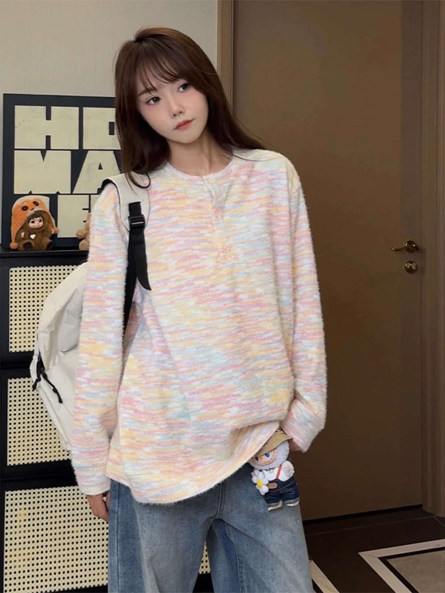 

Henry Collar Sweater Loose Bot Couple Outerwear Autumn Casual Sle Soft Fabric Long Sve Knitted Top