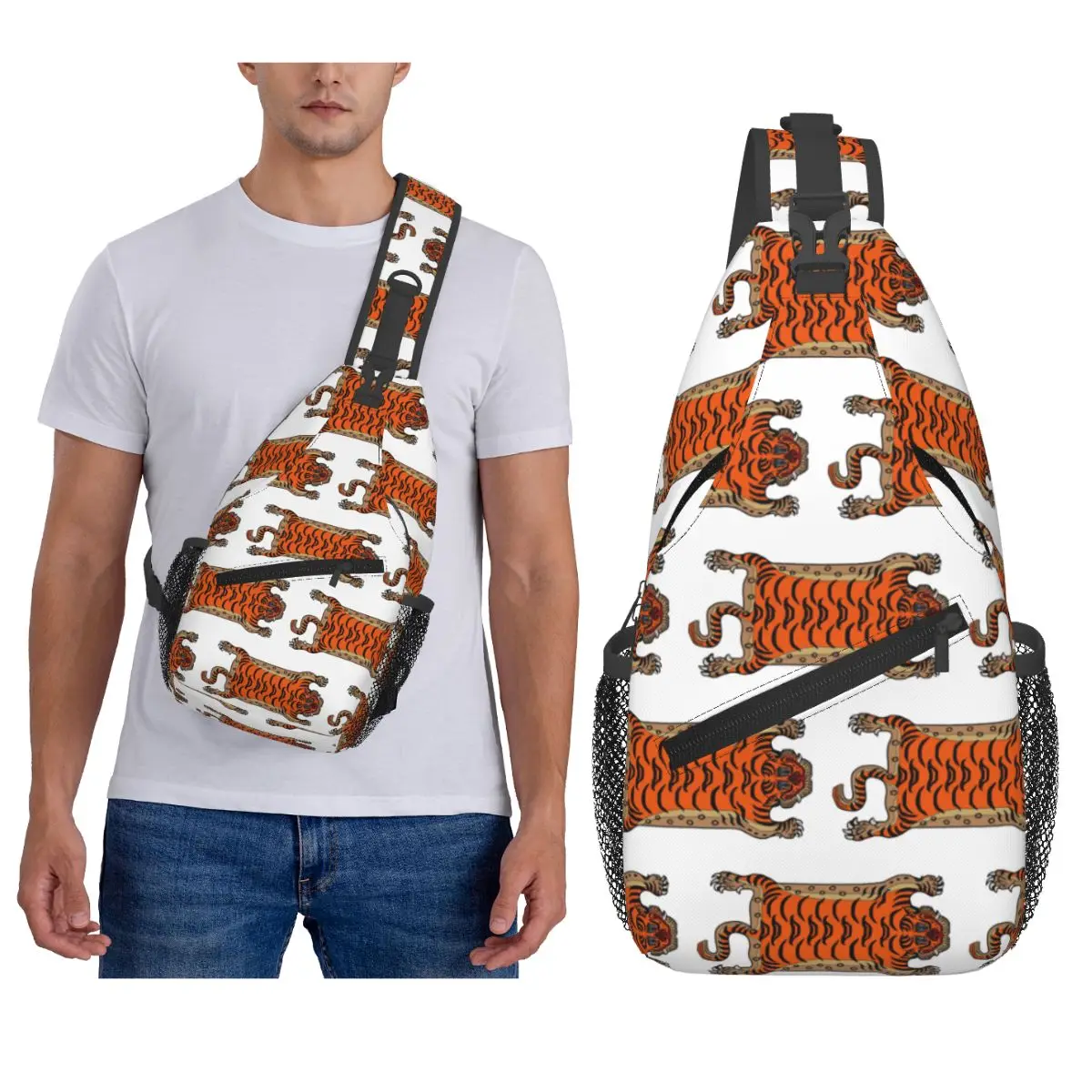 Tibetan Tiger Rug Chest Bag Men Sling Crossbody Backpack Chest Bag Traveling Hiking Daypack Shoulder Bag