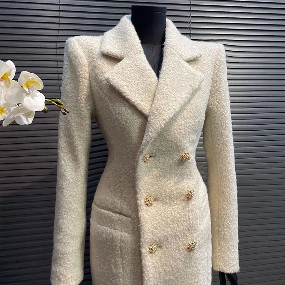 Elegant Women Thicken Tweed Jacket New Vintage Double Breasted Long Solid Woolen Coat Quality Autumn Winter Faux Wool Outerwears