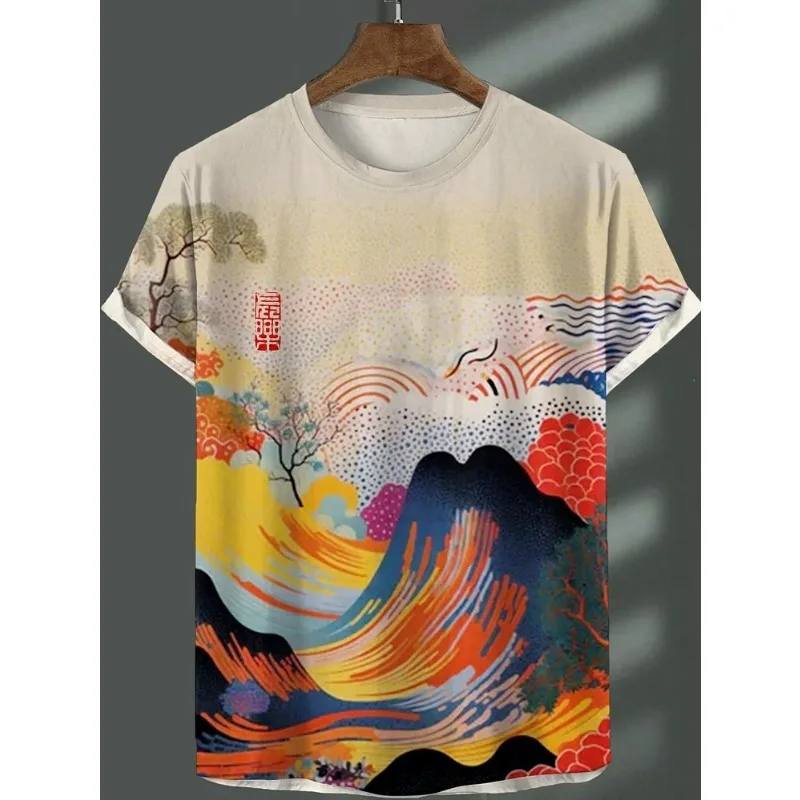 

Men's summer new Japanese ukiyo-e E-printed T-shirt short sleeved T-shirt 3D printed round neck shirt summer casual men's clothi