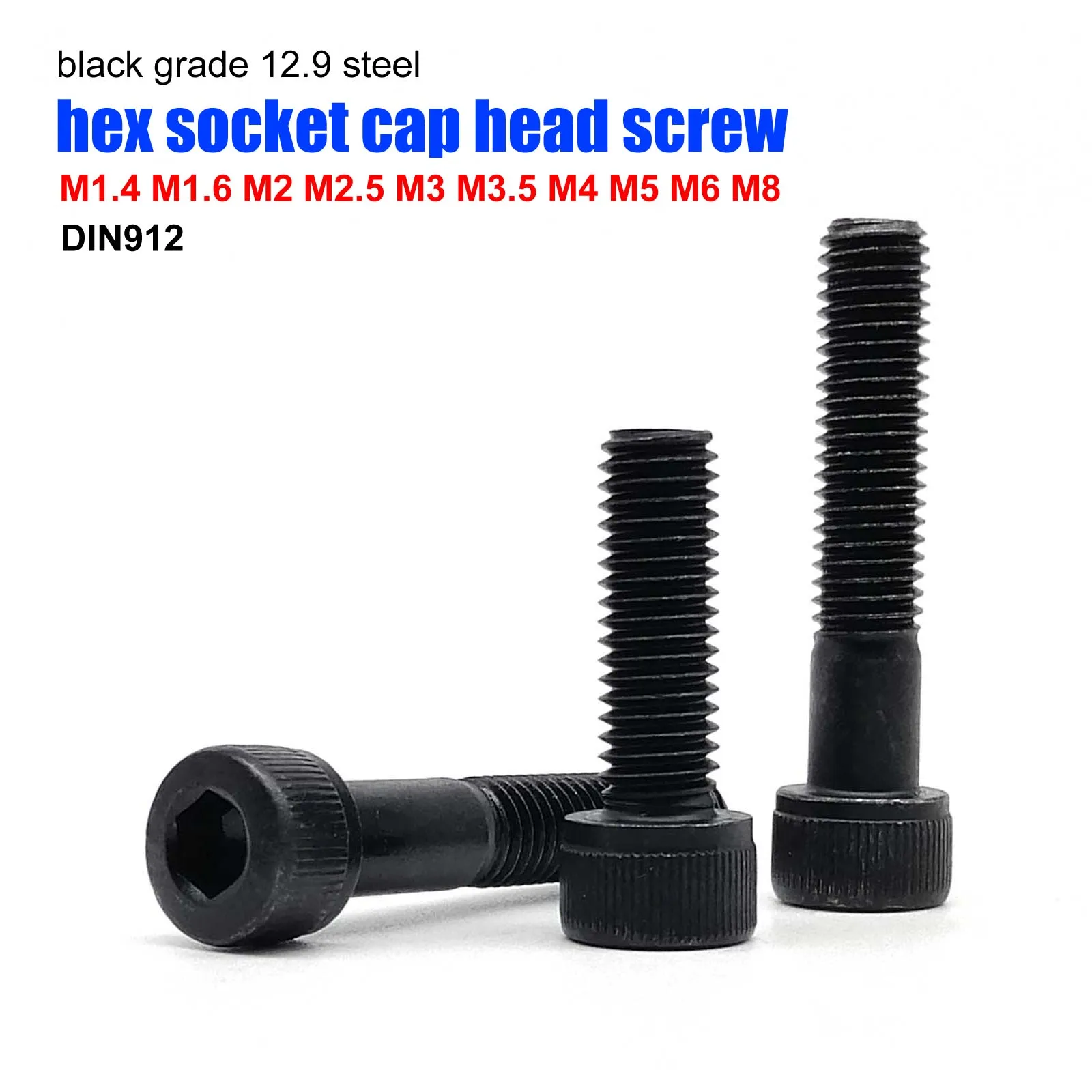 5/10/50pc DIN912 M1.4 M1.6 M2 M2.5 M3 M3.5 M4 M5 M6 M8 Black Grade 12.9 Alloy Steel Allen Hexagon Hex Socket Cap Head Screw Bolt