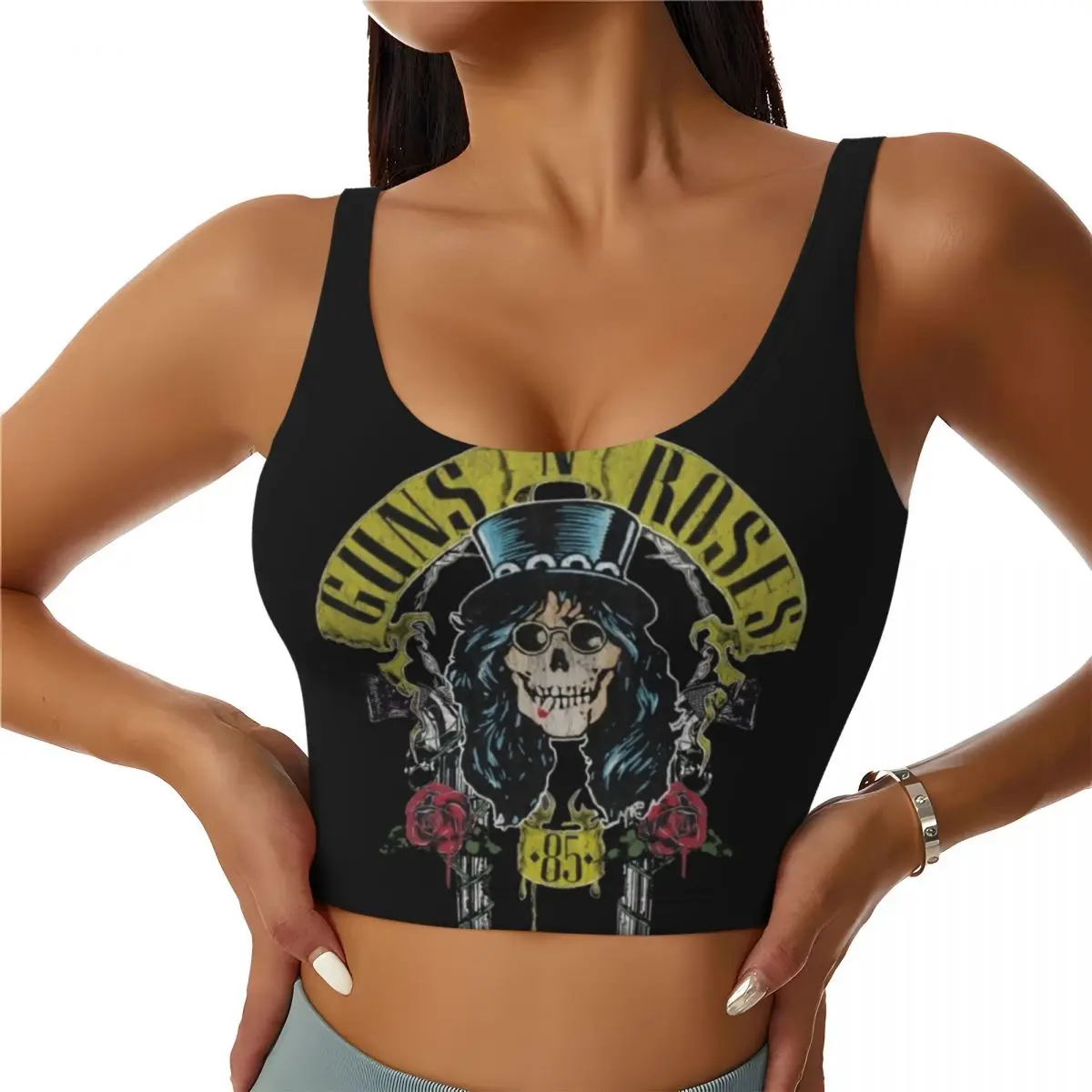 Custom Guns N Rose Skull Heads Band High Impact Sports Bras for Women Seamless Workout Yoga Crop Tank Tops