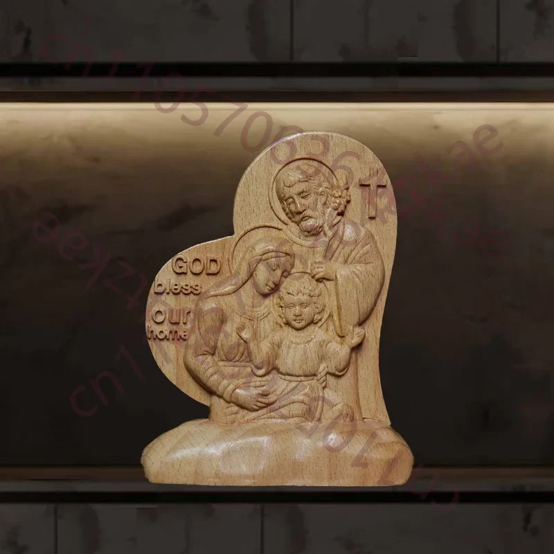 Catholic A Family Of Three The Holy Statue Of Jesus- Decorative Statue Solid Wood Carving Home, Room, Office, Car Decoration