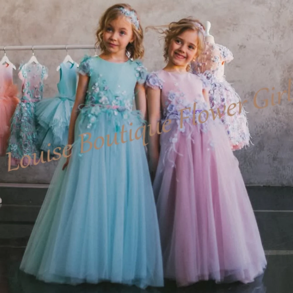 فستان الأميرة مزين بالدانتيل لفتاة الزهور من التل على شكل حرف a بطول الأرض للفتيات لحفلات الزفاف وحفلات أعياد الميلاد الأولى