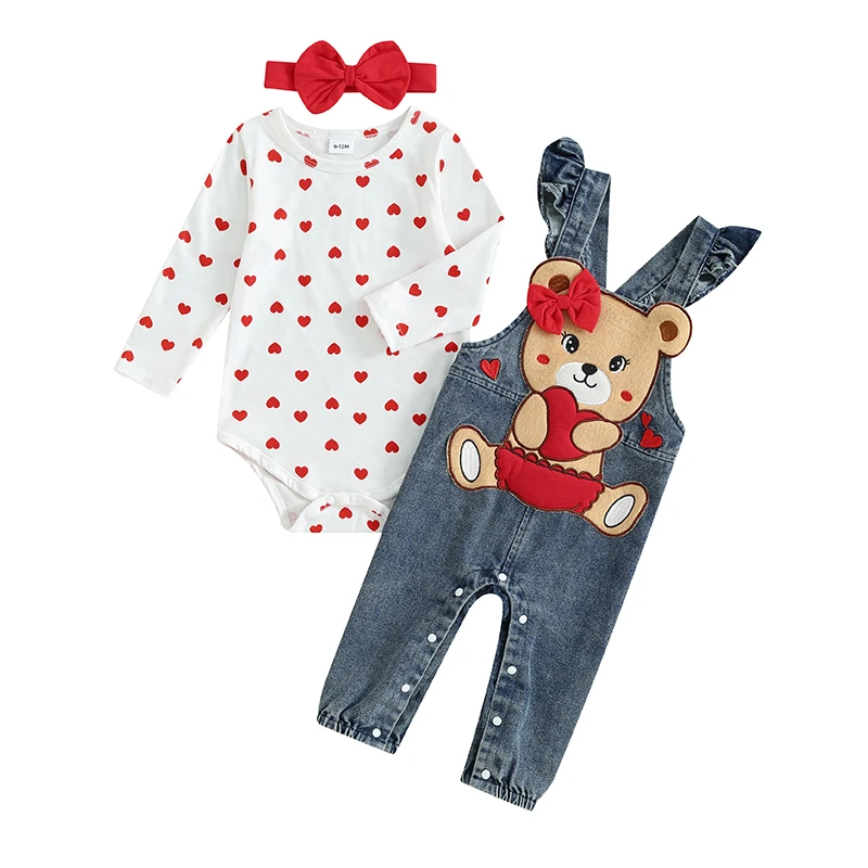 BeQeuewll Baby Girl Valentine\'s Day Clothes Heart Print Long Sleeve Romper with Bear Embroidery Denim Overalls Pants Headband