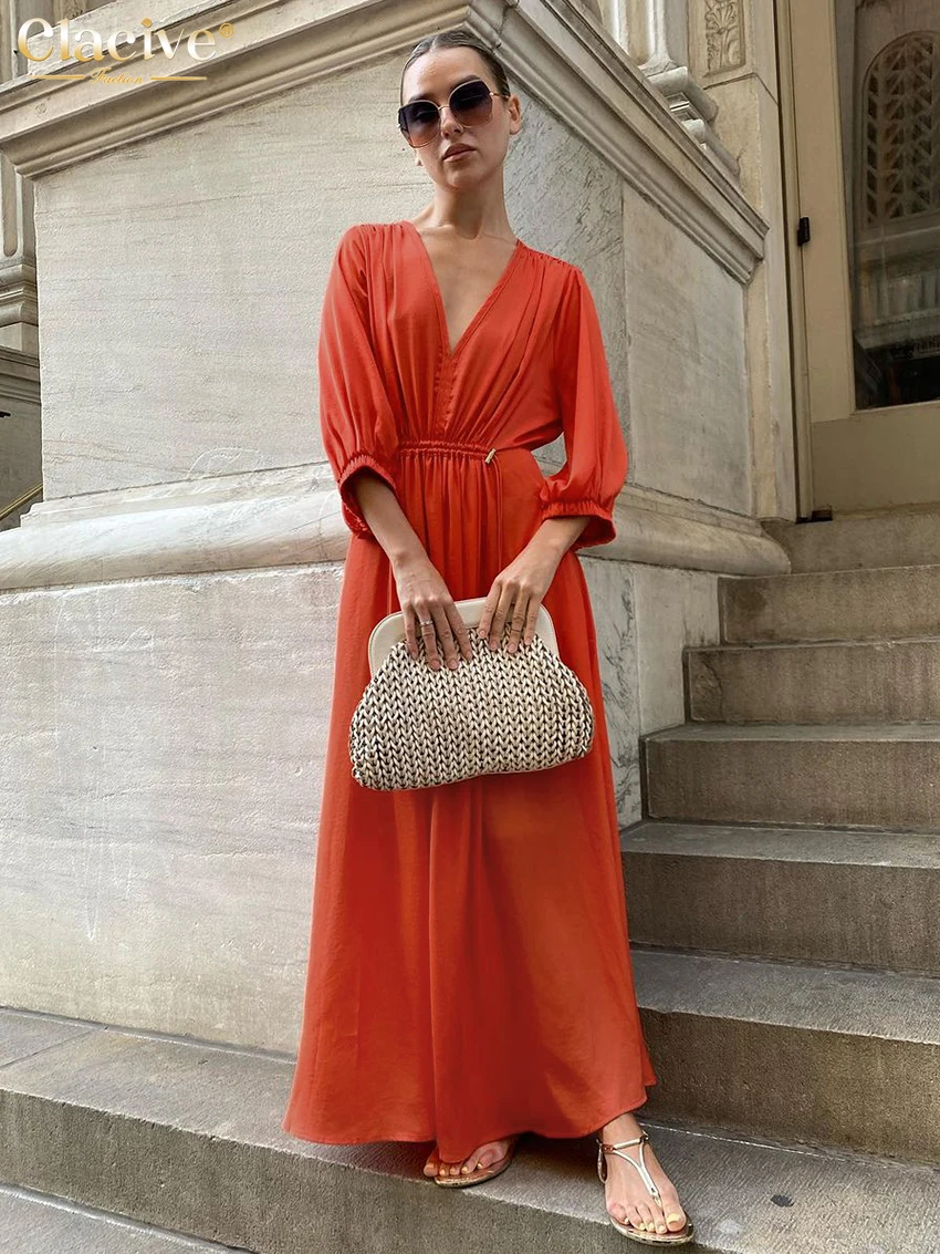 

Clacive Fashion Loose Orange Satin Women Dress 2024 Sexy V-Neck Long Sleeve Ankle Length Dresses Elegant High Waist Female Dress