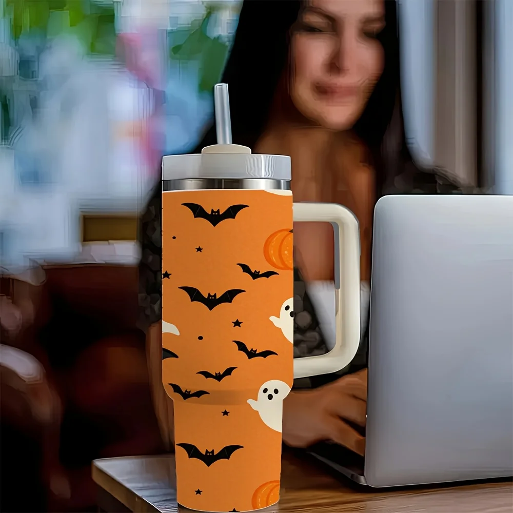 Halloween And Christmas 40Oz Insulated Stainless Steel Tumbler with Handle And Straw, Spooky Black Cat Ghost Bat Pumpkin Print Water Cup, Leakproof Travel Mug for Home Office Car Outdoor Holiday Daily Use