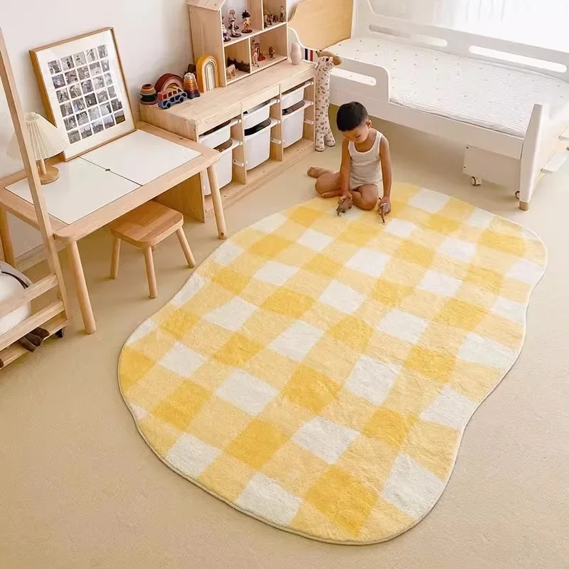 

Living Room Carpet Non-slip Soft and Fluffy Bedroom Floor Mat Long Strip Special-shaped Bedside Rugs, Yellow White Plaid Mats