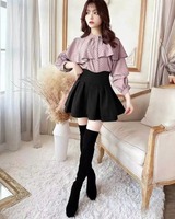 Japanese Lolita Black Skirts Women Spring Autumn New Radian Waistline Slim Short Pleated  Female Mini  Culottes