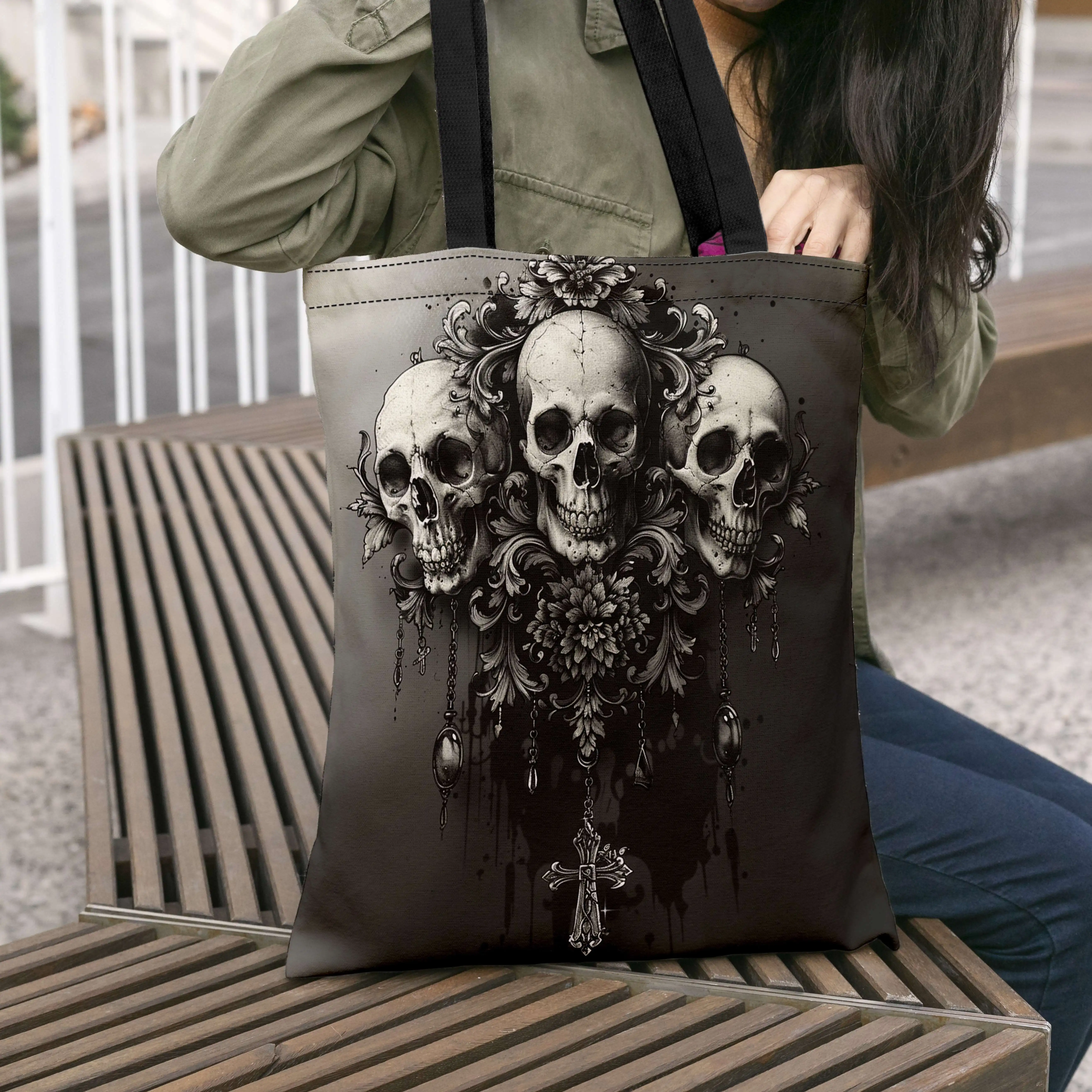 Large Halloween Theme Tote Bag with Gothic Floral Skull Art, Vintage Style Material Bag, Spacious Shopping Bag for Daily Use