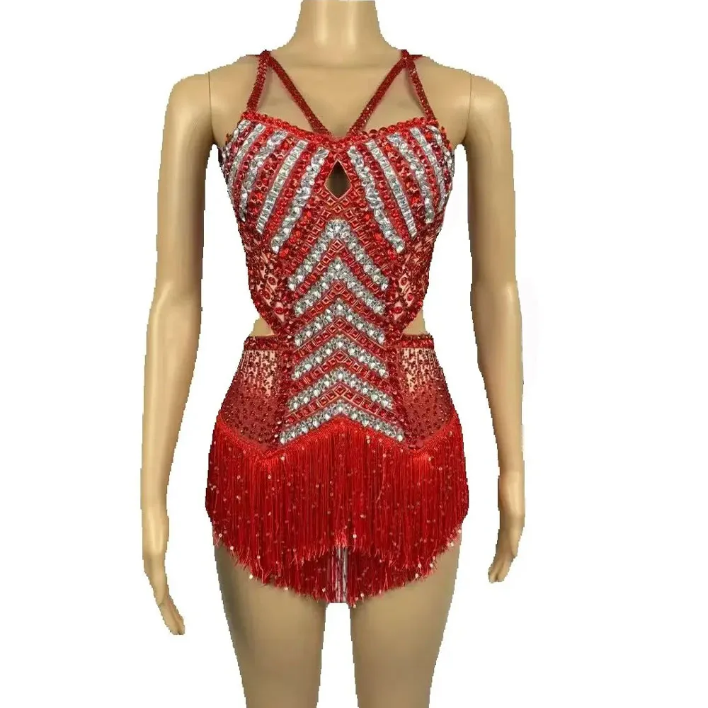 

Sparkly Tassels Rhinestones Bodysuit Sexy Stage Hollow Performance Dance Costume Nightclub Outfit Singer Dancer Stage Wear