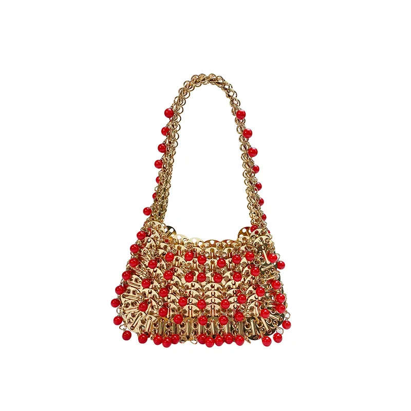 2026 New Holiday New Year Gold Shining Bulingbuling Bead Handmade Weaving Handbag Fashion Handmade Banquet Party Women's Bag