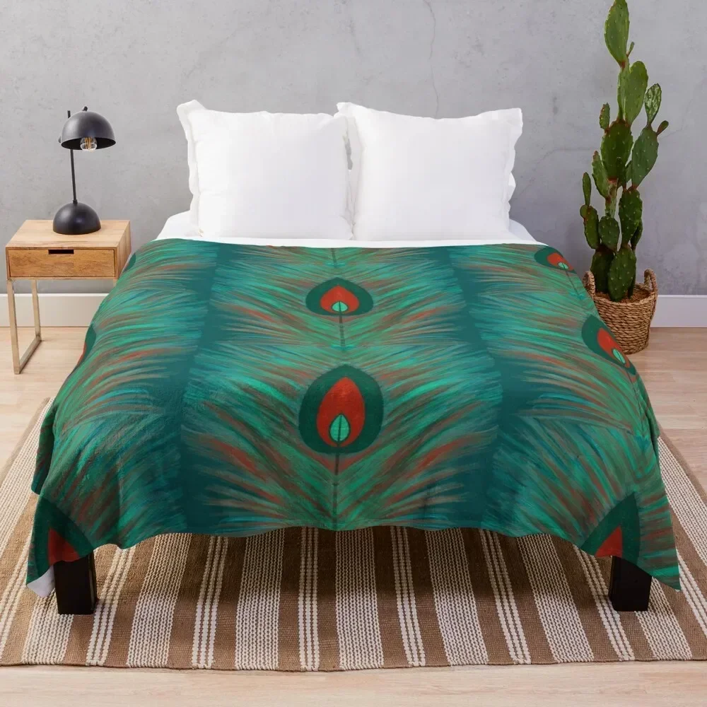 

Peacock Red and Teal Feather Art Throw Blanket Stylish Couch Blanket for Home Living Room
