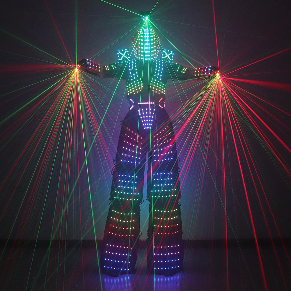 

Trajes Светодиодный костюм робота Полноцветный RGB Изменение цвета Светодиодная одежда Куртка Шлем Ходули Костюм робота Walker с лазерными перчатками