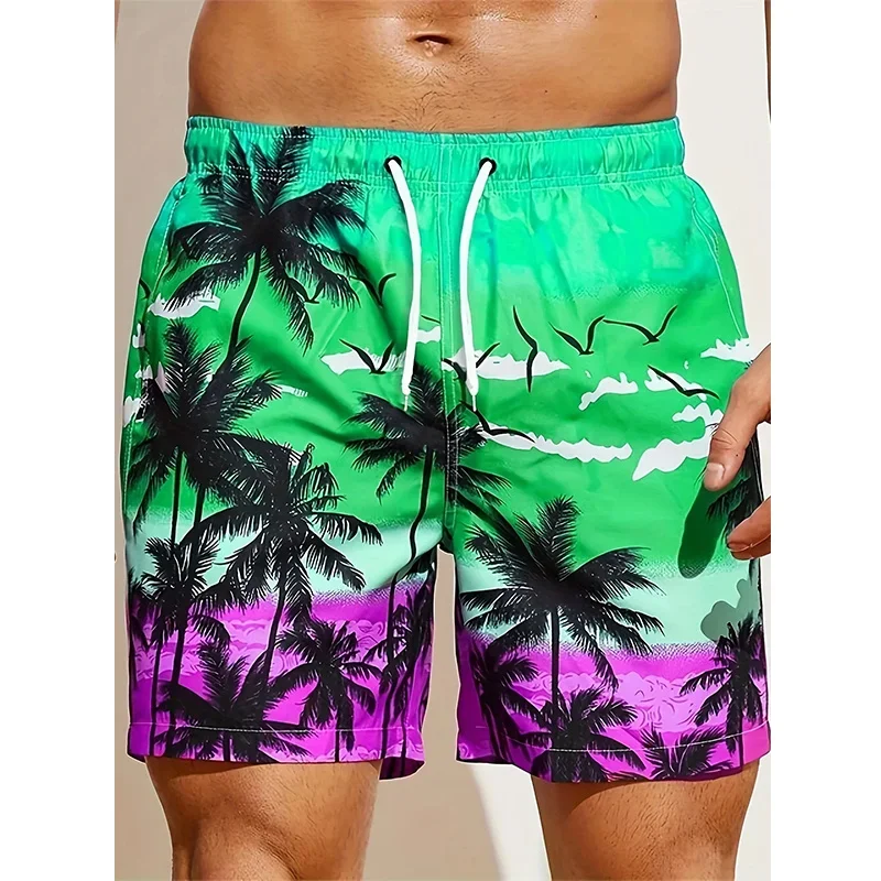 3D Coconut Tree Print Male Shorts Summer Fashion Drawstring With Pockets Sports Shorts Men Hawaiian Beach Casual Swimming Shorts