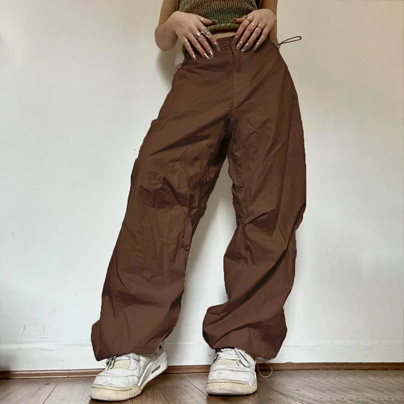 Calça feminina com cordão cargo, calça larga de perna larga larga, suéter monocromático de cintura baixa, streetwear oversize, roupas femininas,