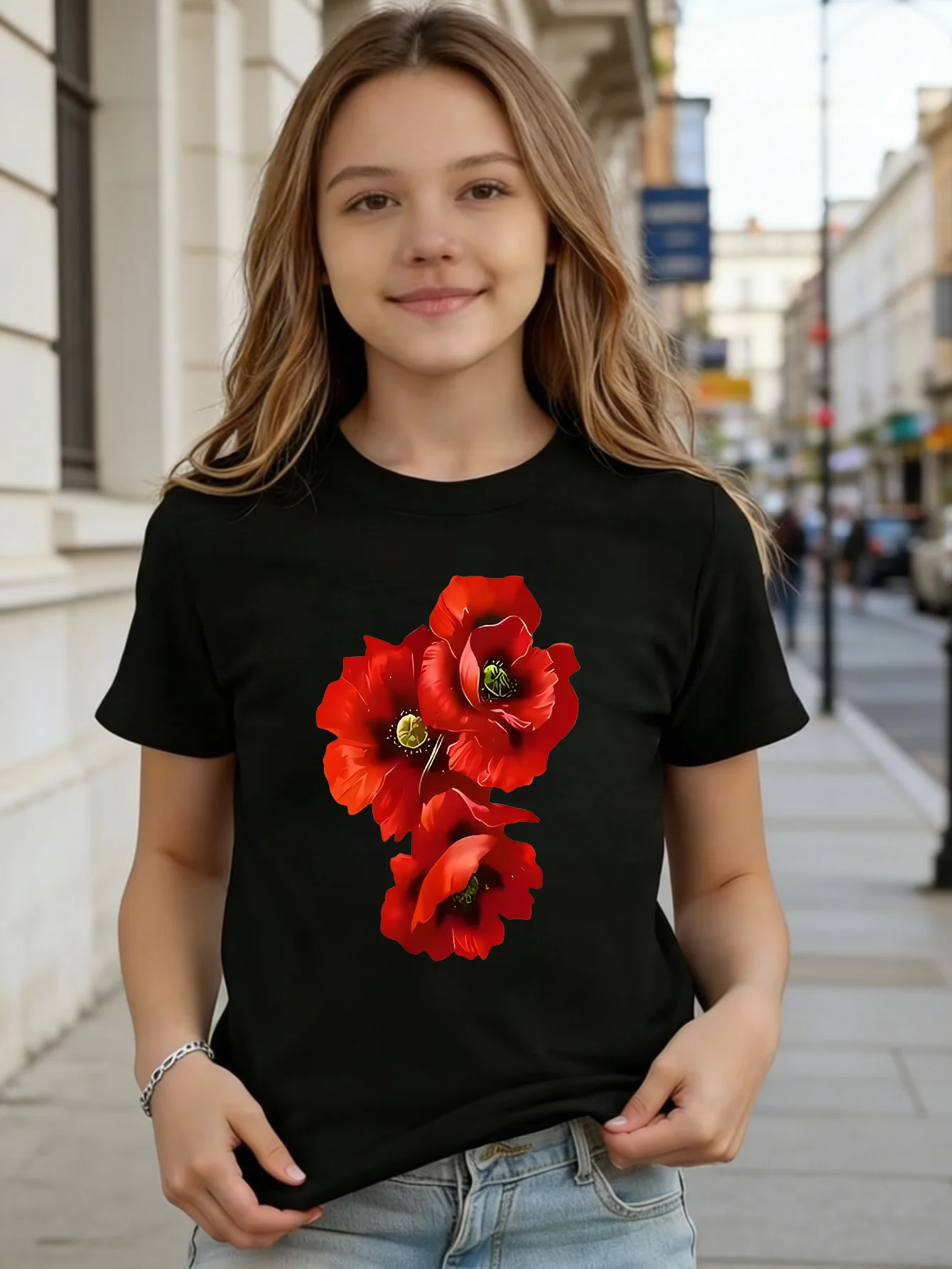 Red Poppy Flower Kids Tee Vintage Floral Art Print Boys Girls Family Matching Cotton Summer Short Sleeve Basic Children Tshirt