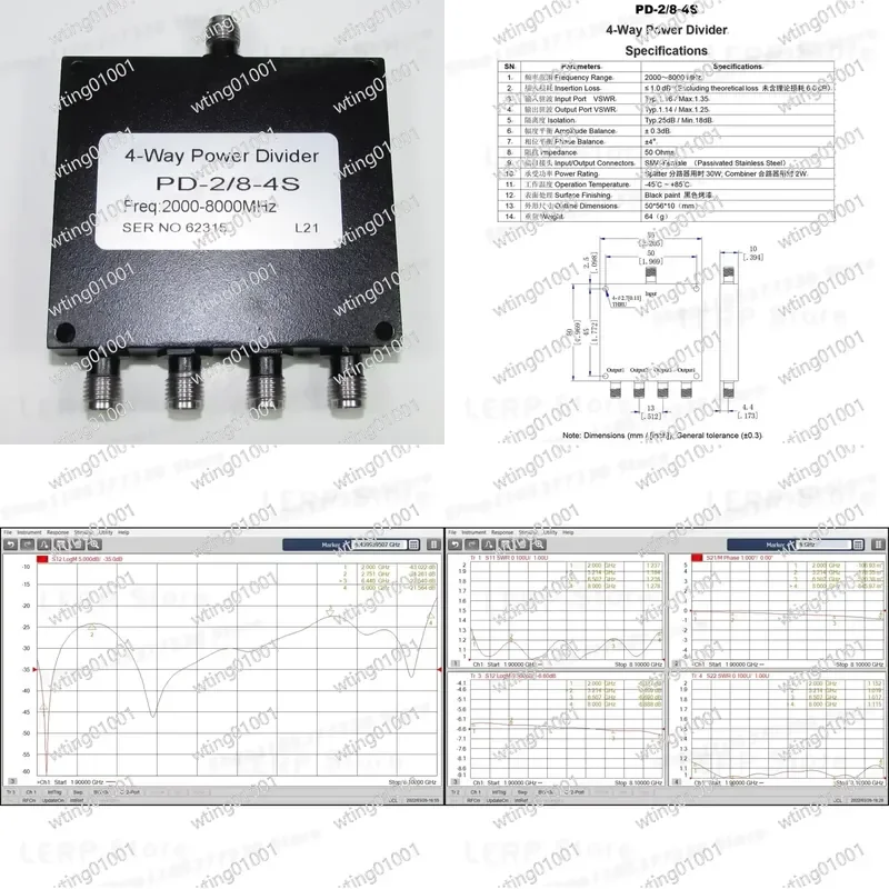 for PD-2/8-4S 30 Watt SMA Coaxial Splitter 2 to 8 GHz Wideband 1 in 4 Out Microwave Signal Distributor High Power Low Loss