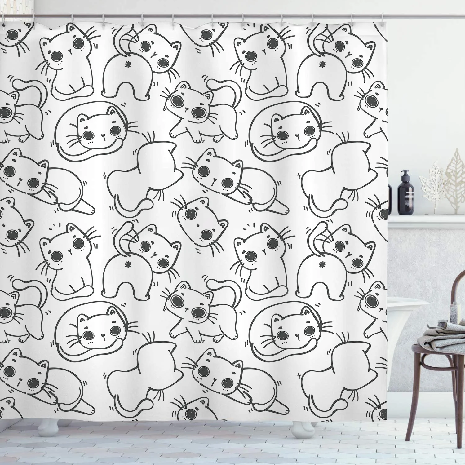 Black Line Katzen-Duschvorhänge, waschbarer Stoff, Polyester, für Badewanne, Kunst, Badezimmer, Dekor, Trennwand mit Haken, zum Aufhängen, wasserdicht – Detail 11